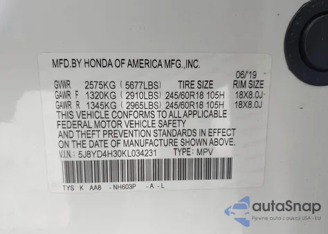 2019 Acura Mdx Standard z USA, uszkodzony, nr VIN 5J8YD4H30KL034231